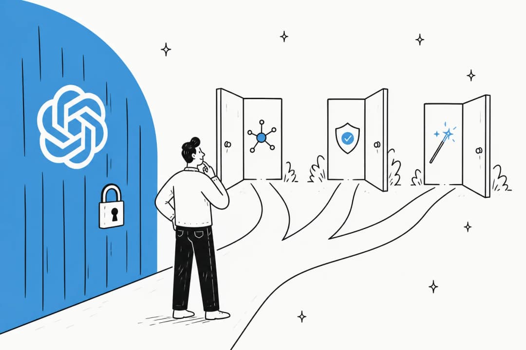 Illustrated hero banner showing a locked door with the OpenAI logo beside three open doors, representing alternatives to GPT-5.6-Cyber