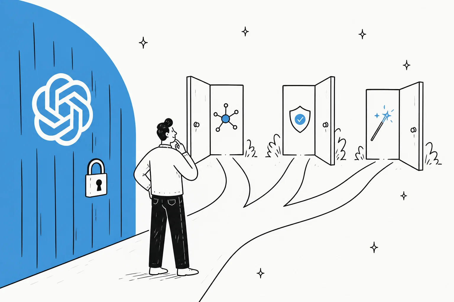 Illustrated hero banner showing a locked door with the OpenAI logo beside three open doors, representing alternatives to GPT-5.6-Cyber