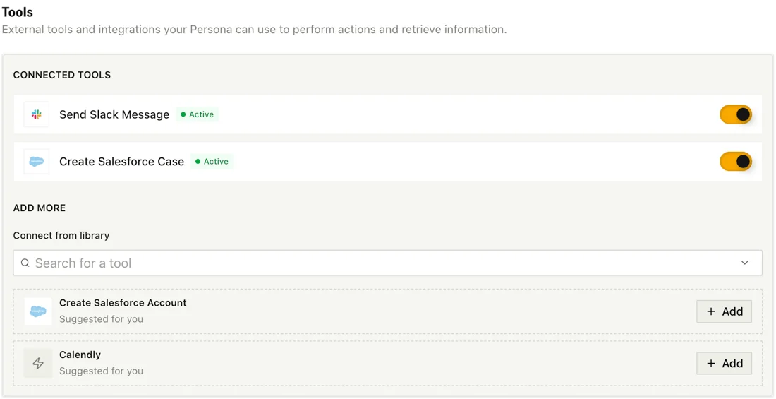 El panel de herramientas de Bland con herramientas conectadas para enviar un mensaje de Slack y crear un caso de Salesforce, con Calendly sugerido desde la biblioteca, tomada de la documentación de Bland