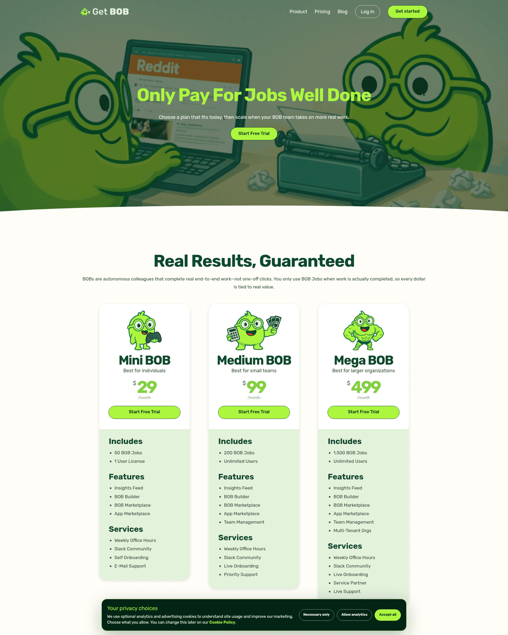 Get BOB's pricing page showing Mini BOB at $29, Medium BOB at $99 and Mega BOB at $499 per month, as taken from Get BOB