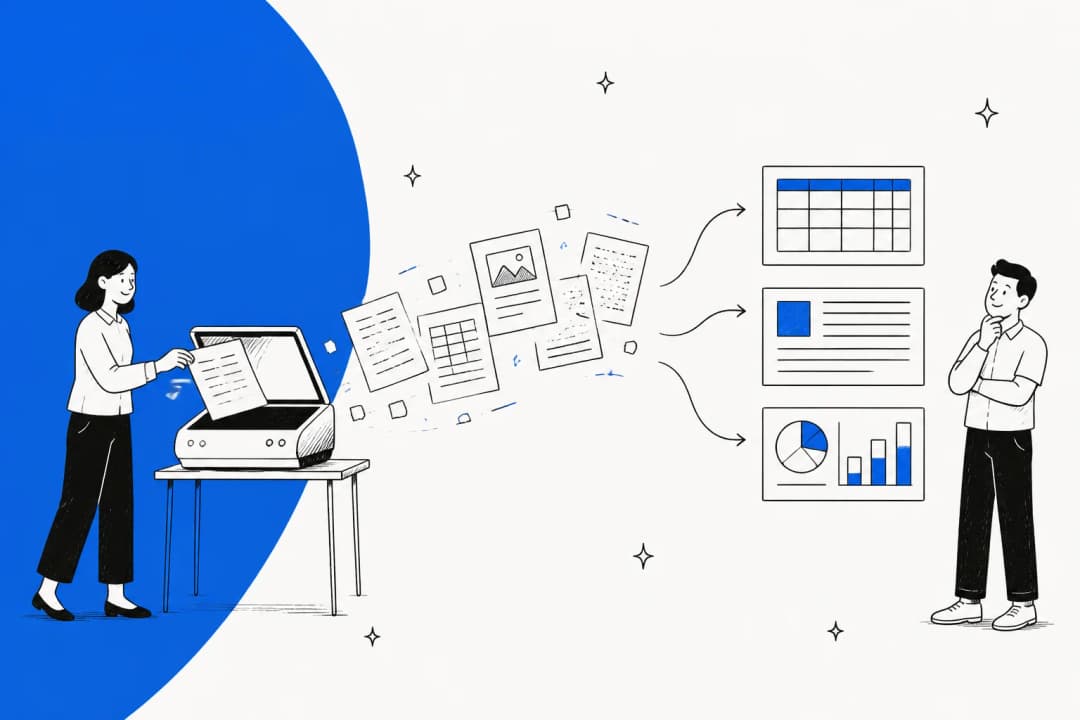 Document pages being turned into structured tables, text blocks and charts by a parsing model