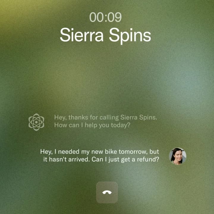 A Sierra voice call view timed at 9 seconds for the demo brand Sierra Spins, with the caller asking for a refund on a bike that has not arrived, as taken from Sierra
