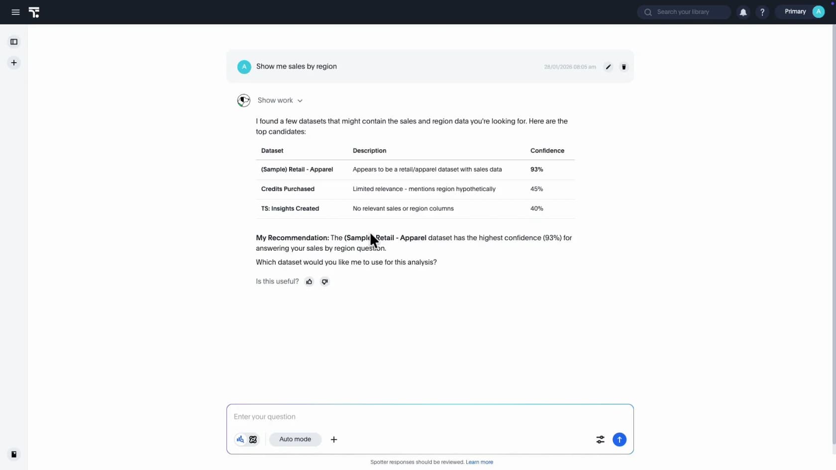 ThoughtSpot Spotter answering "Show me sales by region" with a Show work toggle and ranked candidate datasets, as taken from ThoughtSpot
