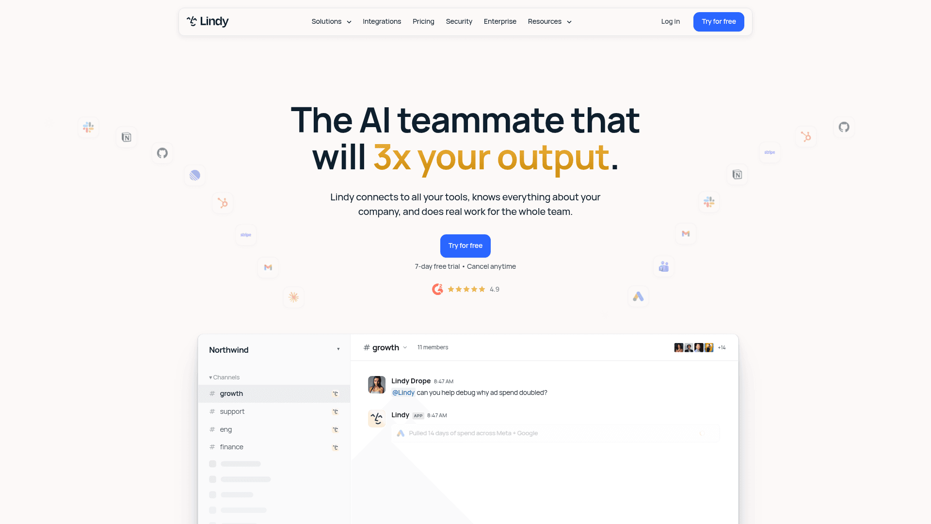 Lindy homepage showing its AI teammate you chat with