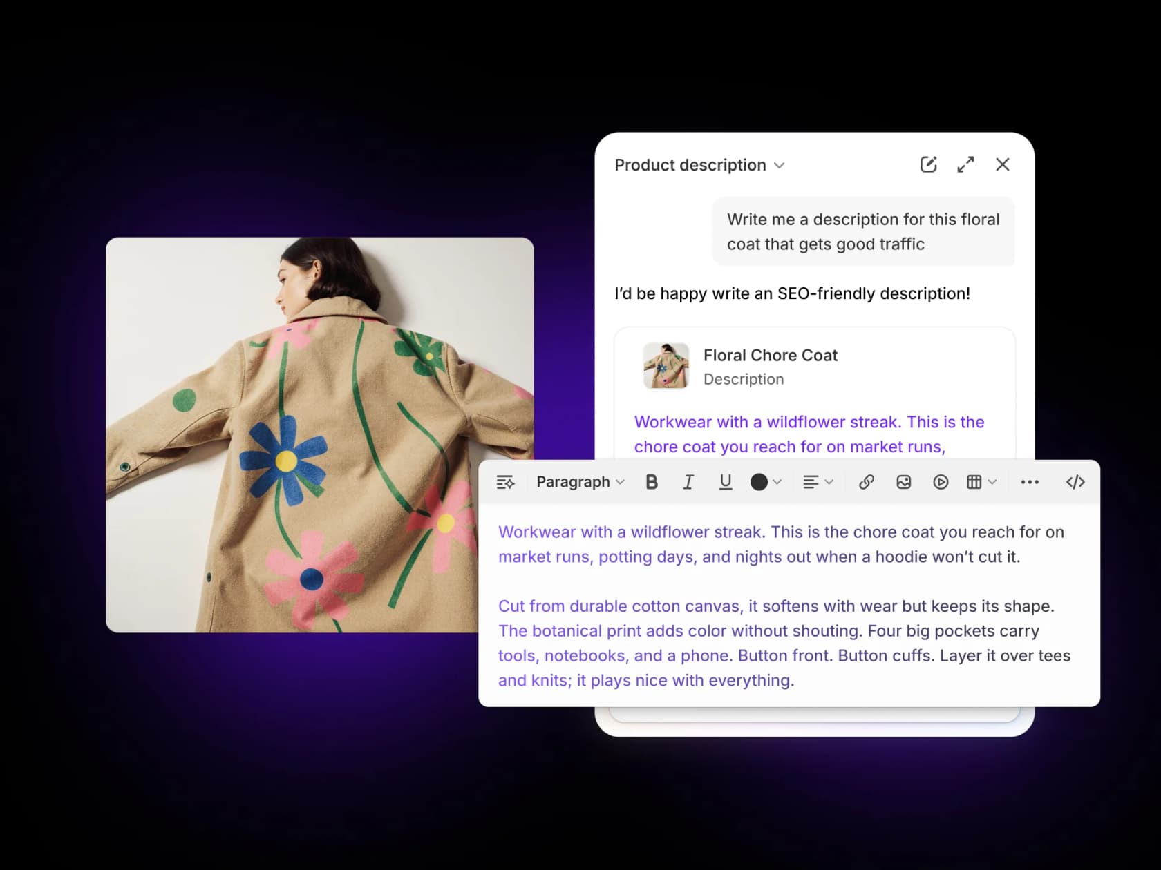 Sidekick drafting a product description straight into the editor, as taken from Shopify
