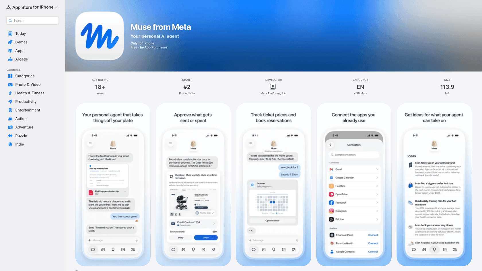 Meta Muse App Store gallery showing the agent filling out a field trip form, approving a purchase with Link, booking movie tickets, connecting apps like Gmail and OpenTable, and suggesting tasks, as shown on the App Store