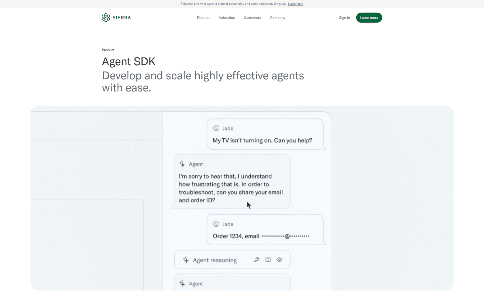 Sierra's Agent SDK page, showing a live conversation with the agent reasoning panel exposed, as taken from Sierra