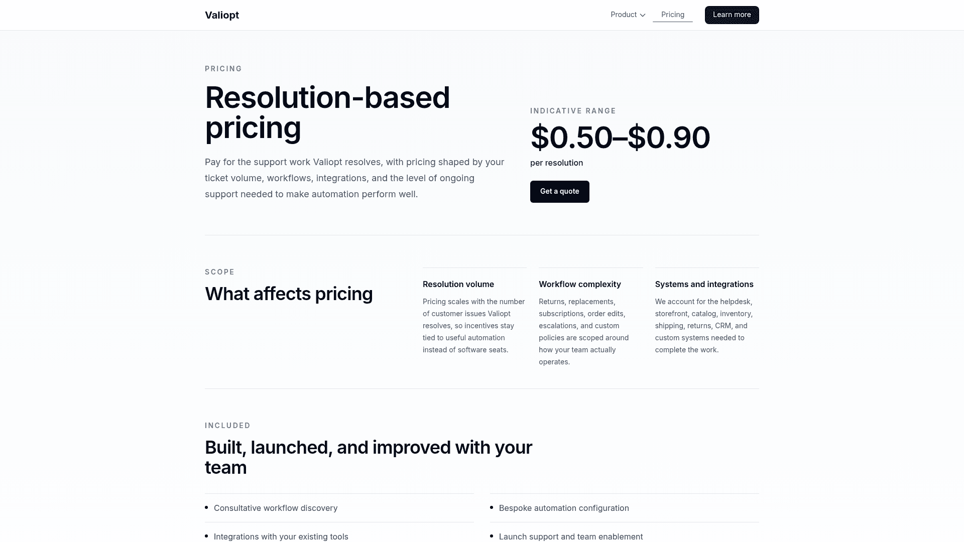 ValiOpt's pricing page, which leads with resolution-based pricing rather than named plan tiers