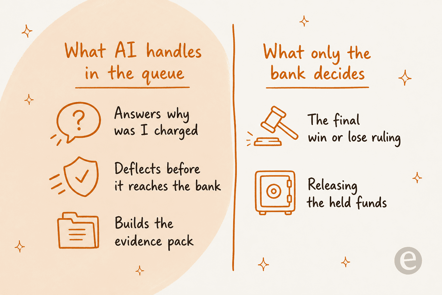 A split diagram showing what AI handles in the support queue versus what only the bank decides