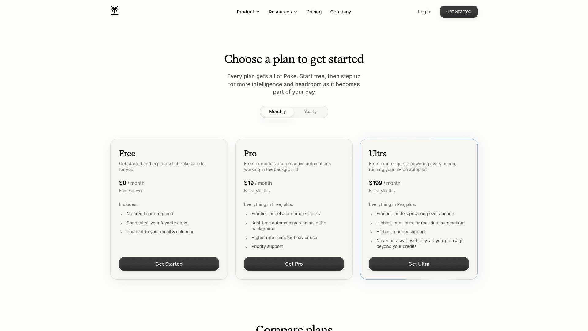 Poke's pricing page showing three plans: Free at $0 a month forever, Pro at $19 a month, and Ultra at $199 a month with pay-as-you-go usage beyond your credits, as captured from poke.com