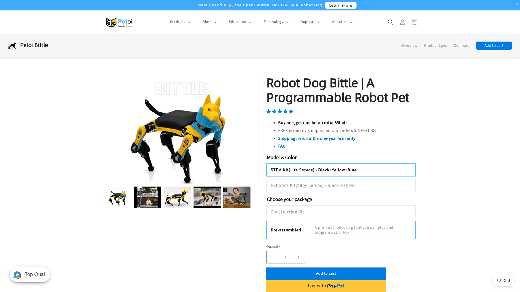 The Petoi Bittle robot dog product page, showing the open-source quadruped kit