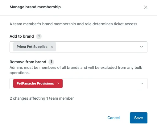 Zendesk Manage brand membership dialog adding a team member to one brand and removing them from another, from Zendesk's department spaces guide