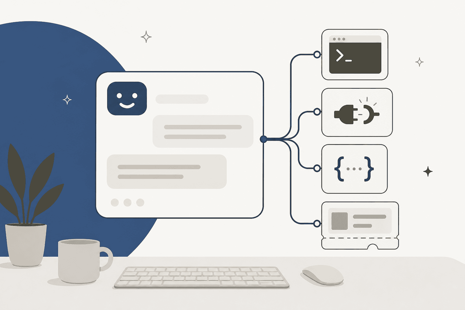 Illustration of an AI support agent panel wired out to a CLI, a webhook, an API, and a helpdesk ticket