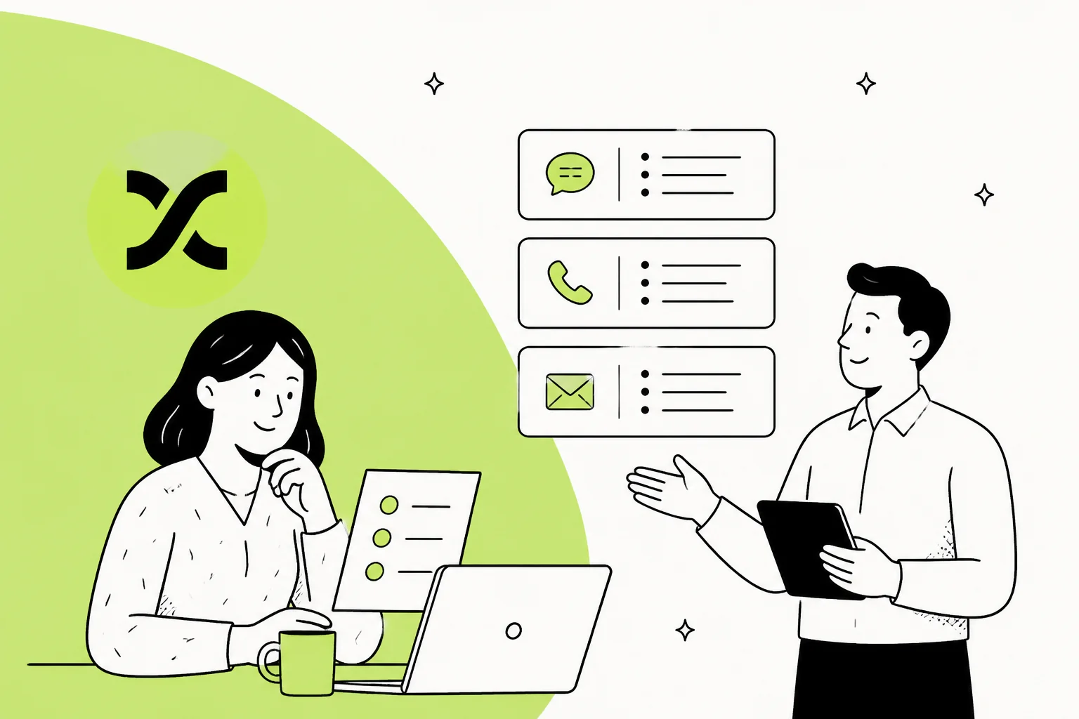 Illustration of a support team reviewing Fini AI pricing across chat, voice and email channels