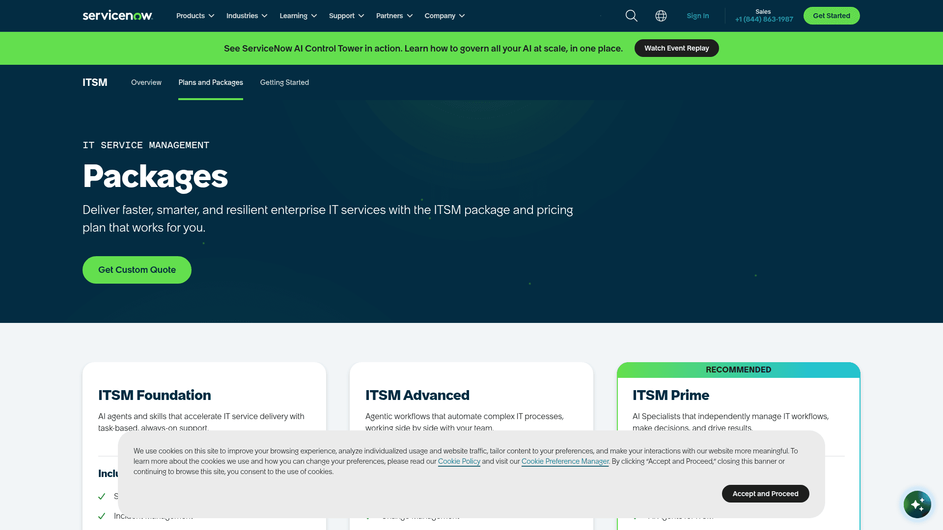 A screenshot of the ServiceNow ITSM pricing page, showing the Foundation, Advanced, and Prime packages behind a custom quote model.