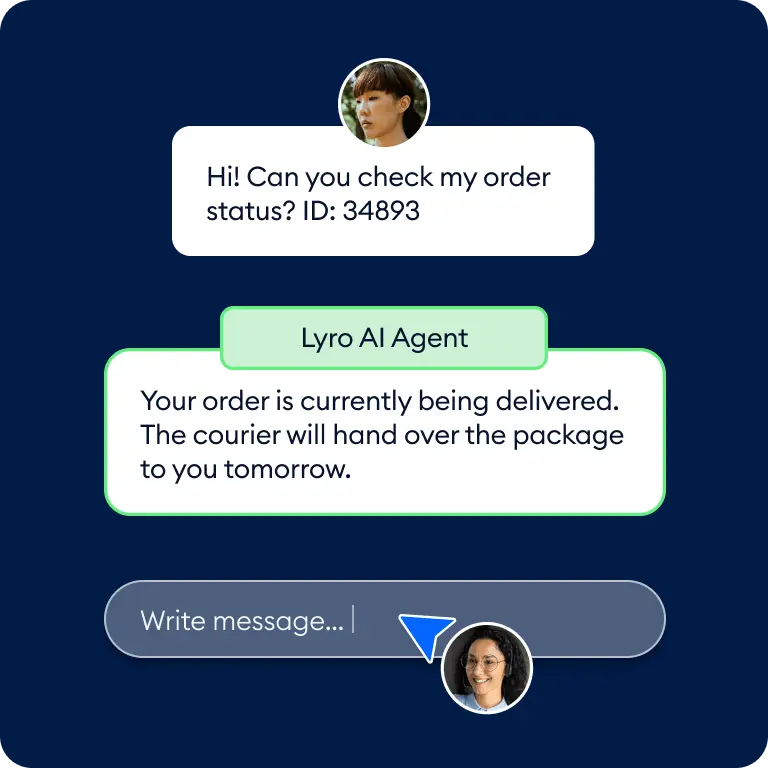 Tidio's Lyro AI agent answering an order status question in the chat widget, as taken from Tidio