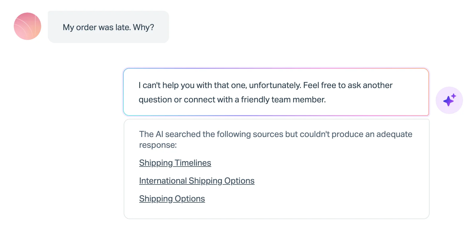 Help Scout AI Answers conversation where the AI could not answer a late order question, listing the shipping articles it searched, as taken from Help Scout's docs