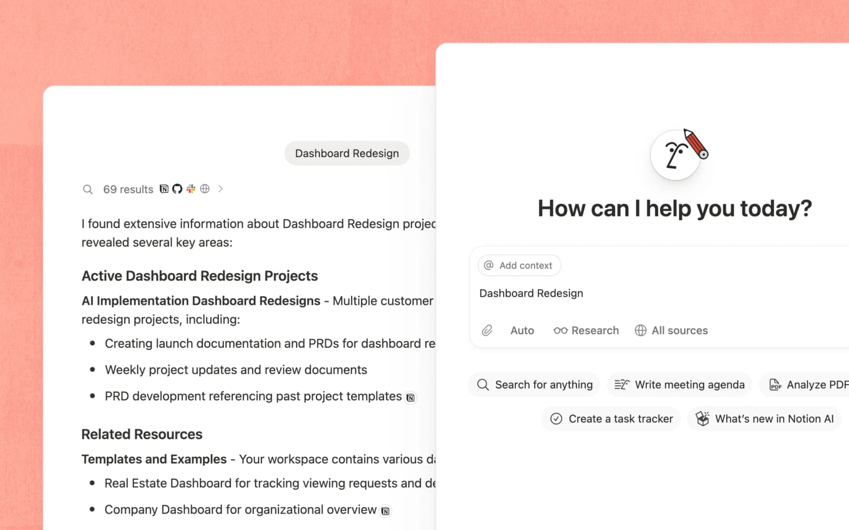 Notion Enterprise Search answering a query across Notion, GitHub and Slack with 69 results, as taken from Notion