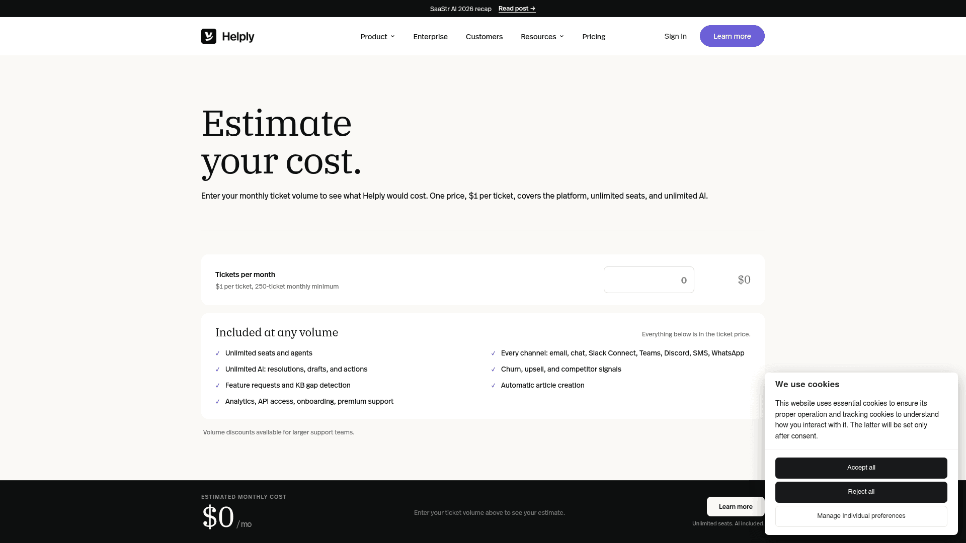 The Helply cost calculator listing everything included at any volume, as taken from Helply