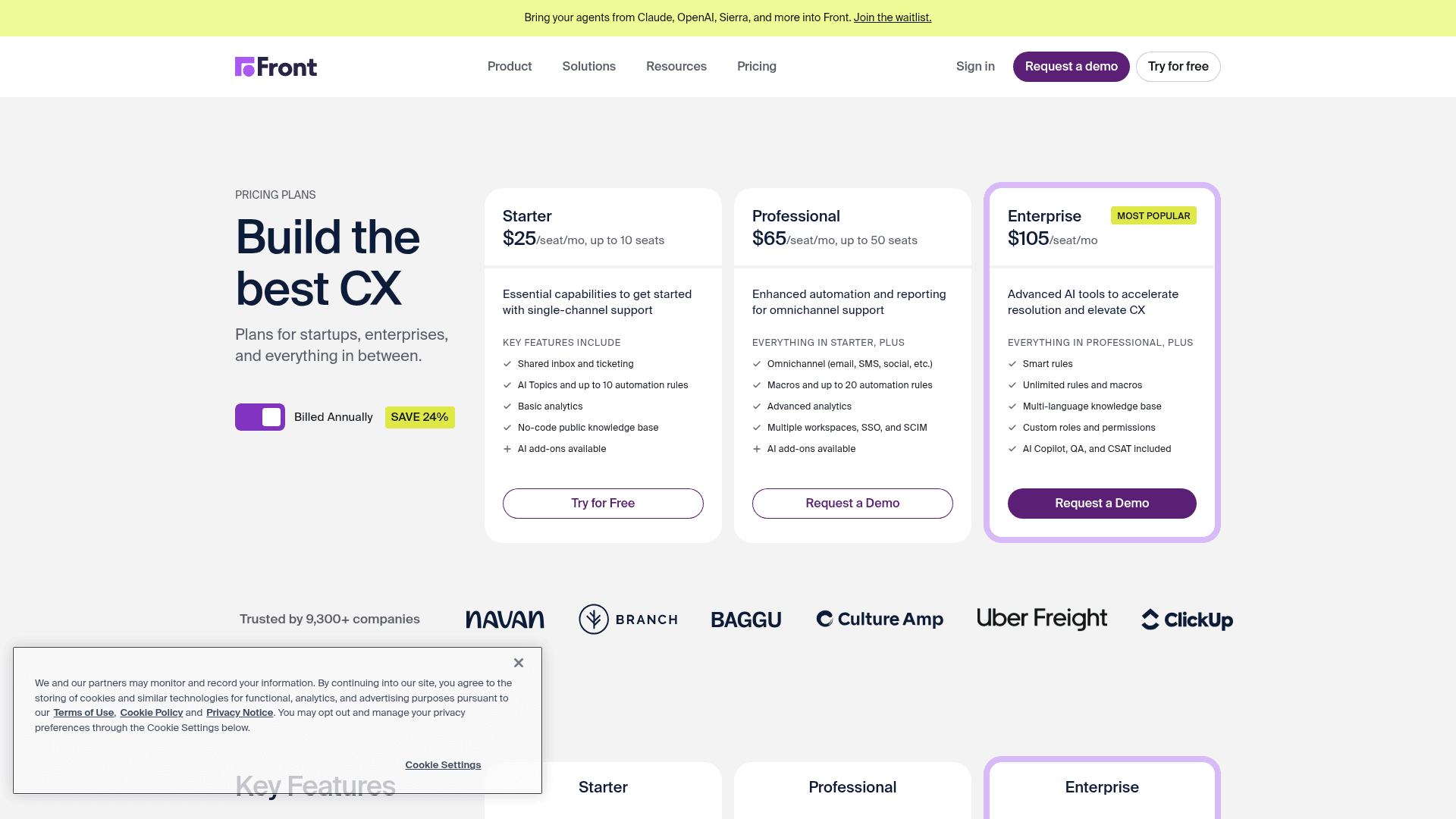 Front's pricing page showing the Starter, Professional, and Enterprise plans at $25, $65, and $105 per seat, as taken from Front.