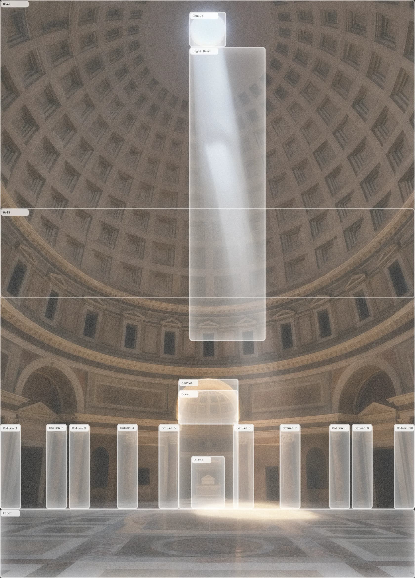 A Reve-generated interior with each element exposed as a labelled, addressable layout box, from Reve