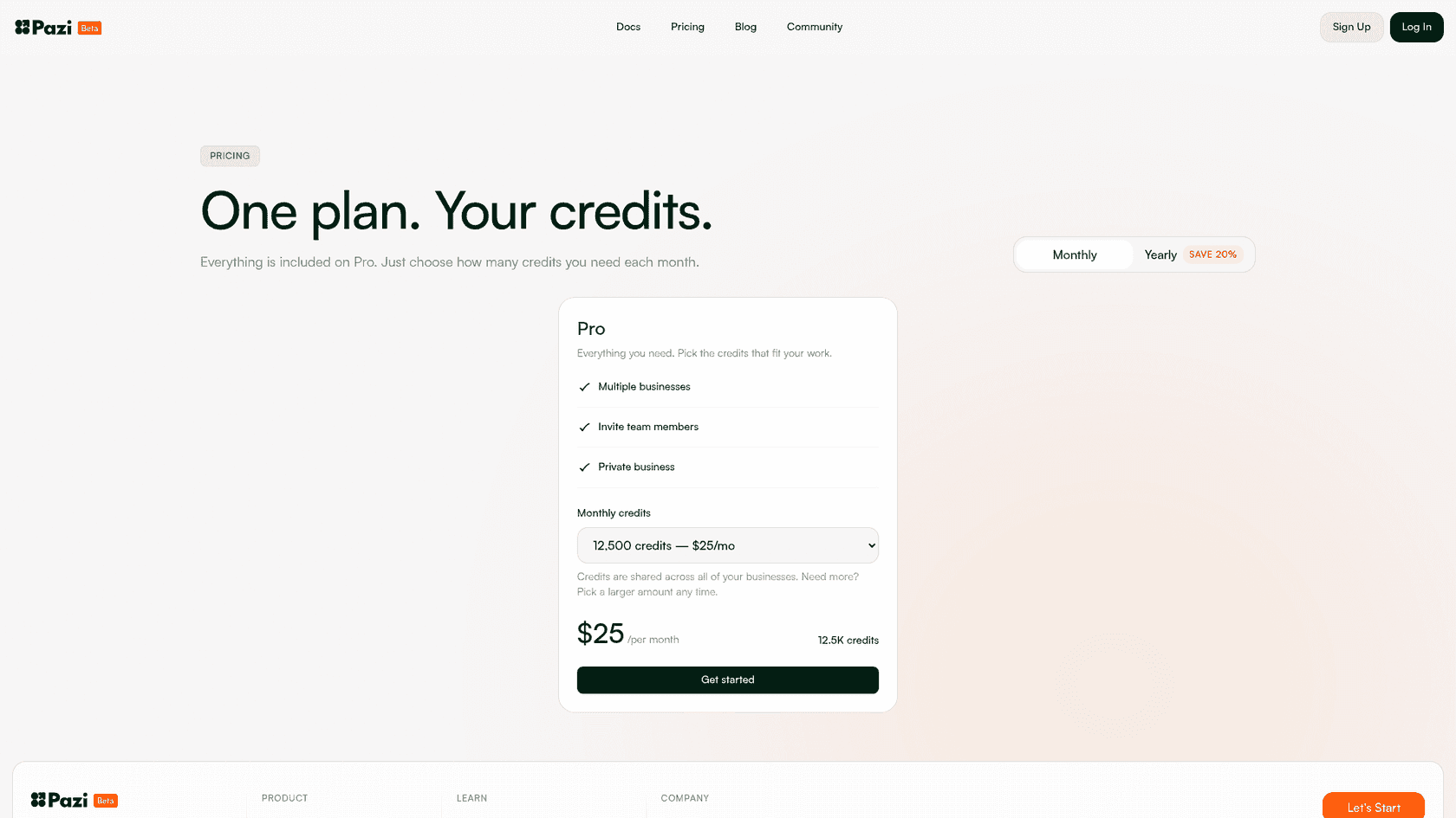 Pazi's pricing page showing the single Pro plan and the monthly credit picker