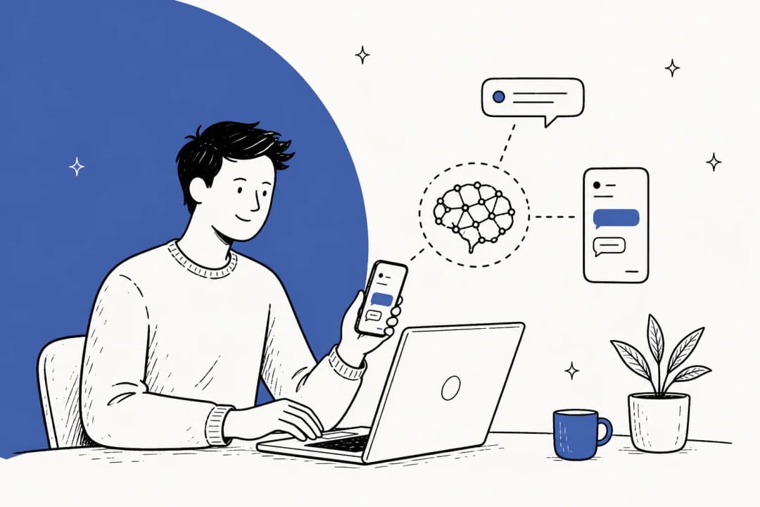 Illustration of a small on-device AI language model running on a laptop and phone