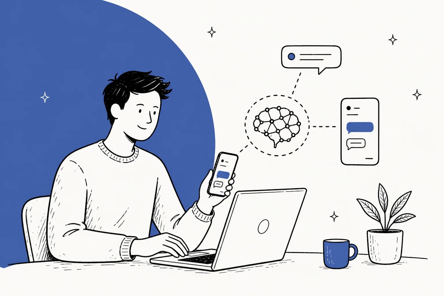 Illustration of a small on-device AI language model running on a laptop and phone