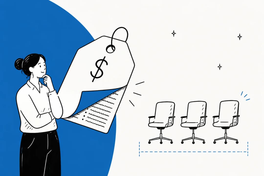A person holding an oversized price tag with fine print unfolding out of it, next to three office chairs bracketed together as one unit