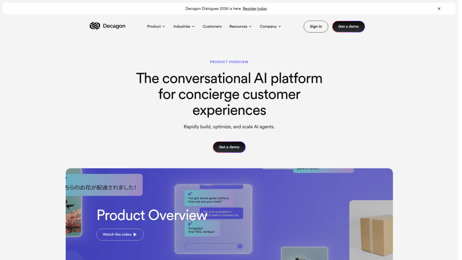 Decagon product overview page describing a conversational AI platform for concierge customer experiences