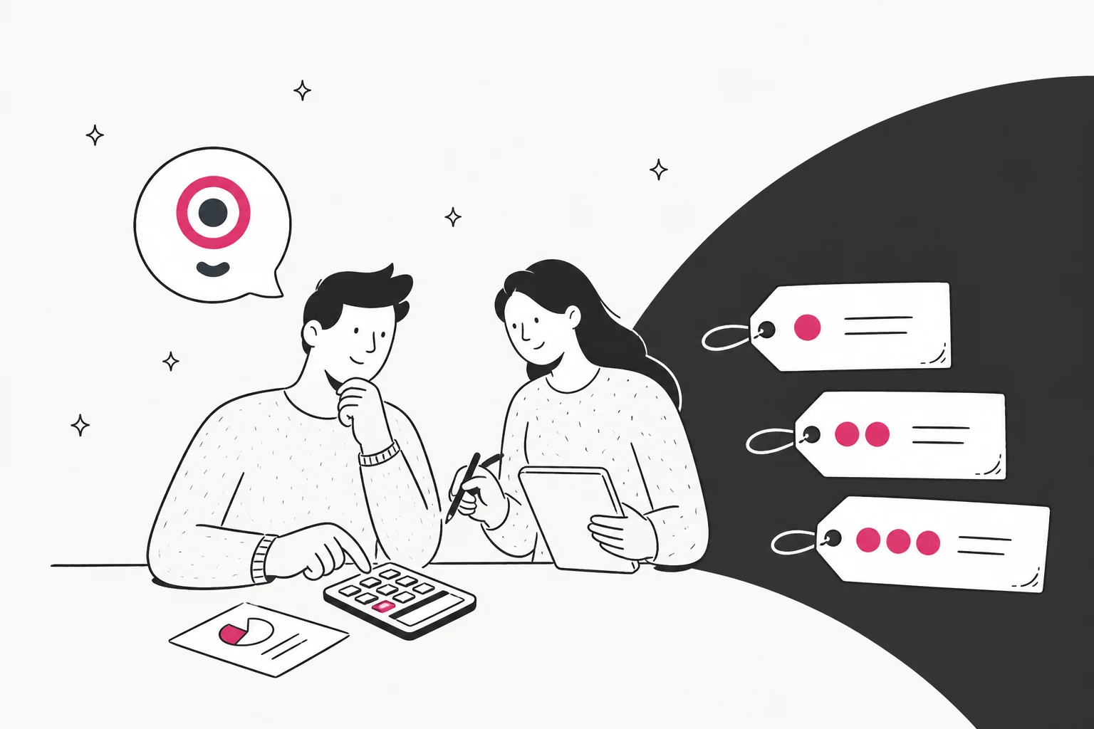 Hand-drawn illustration of two people working out a Landbot bill with a calculator and tablet, next to three price tags and the Landbot logo
