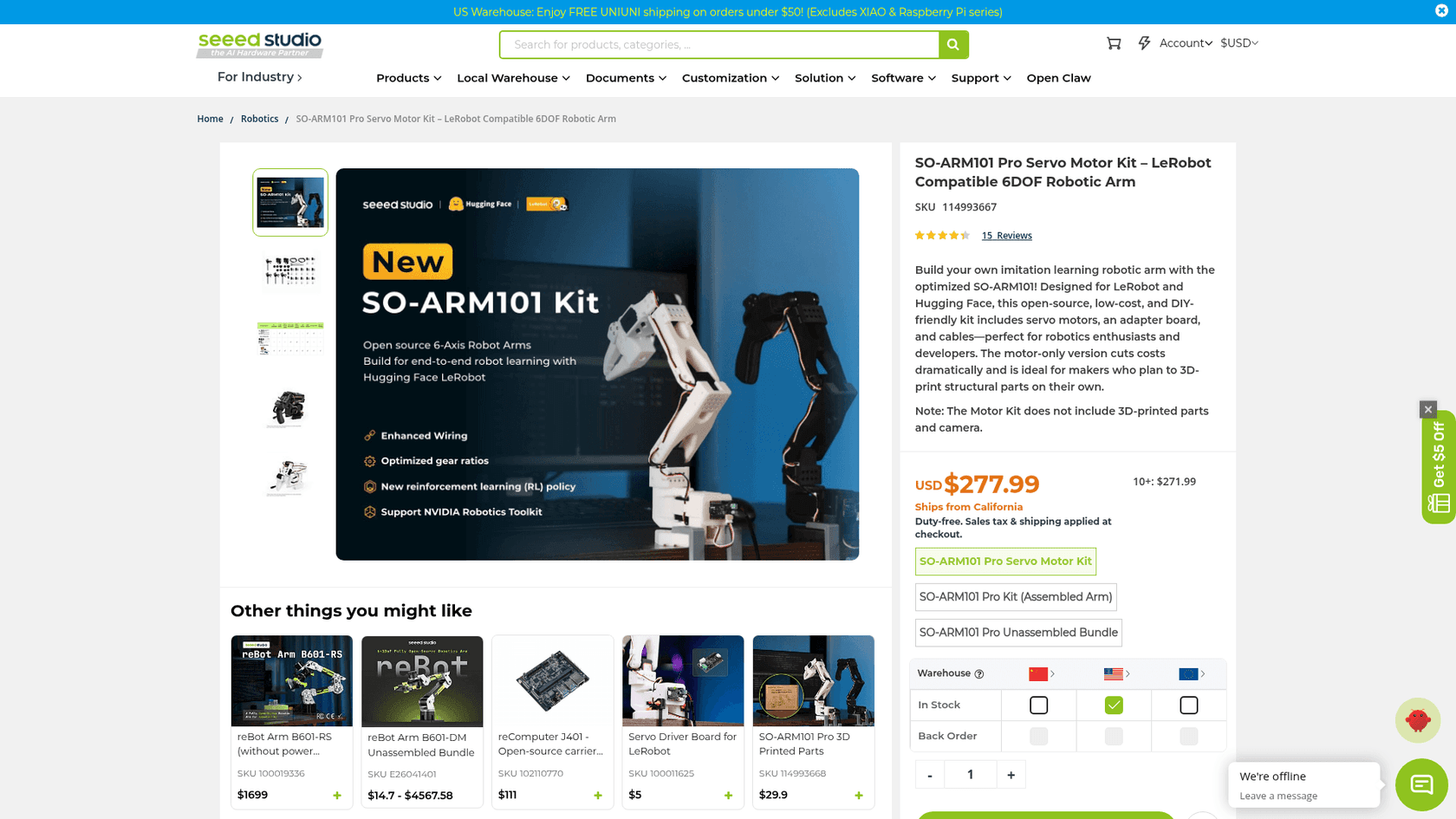The Seeed Studio SO-ARM101 low-cost AI arm kit product page