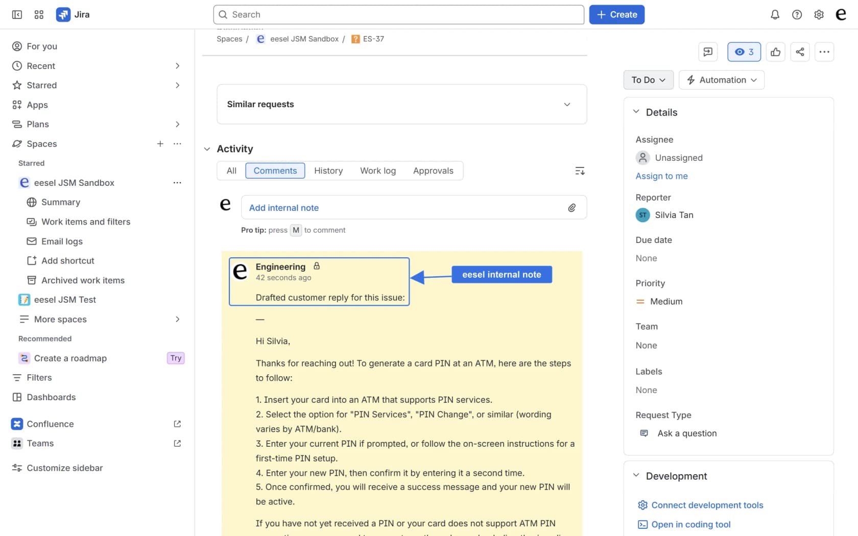A Jira Service Management issue with an eesel internal note from the Engineering agent containing a drafted customer reply, as taken from eesel's Jira Service Management docs