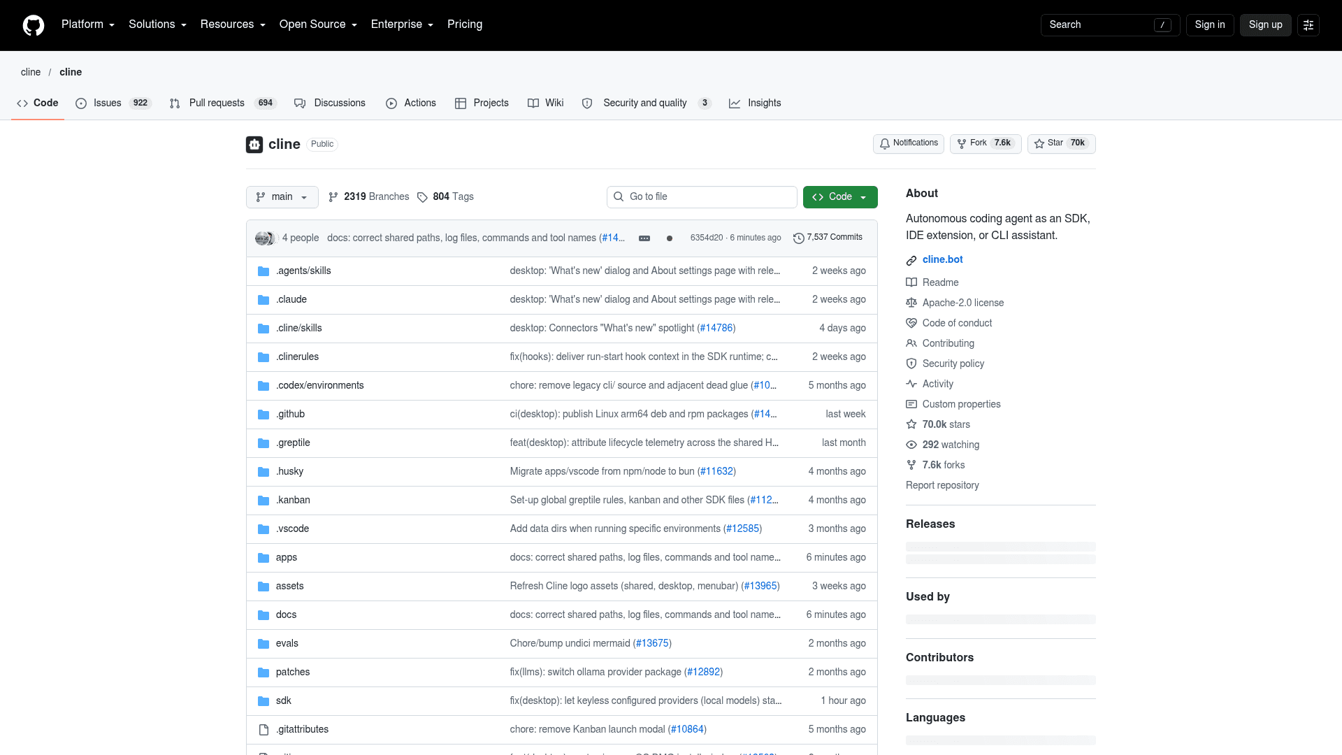 The cline/cline repository on GitHub, showing 70k stars, the Apache-2.0 license and the description "Autonomous coding agent as an SDK, IDE extension, or CLI assistant", as taken from GitHub