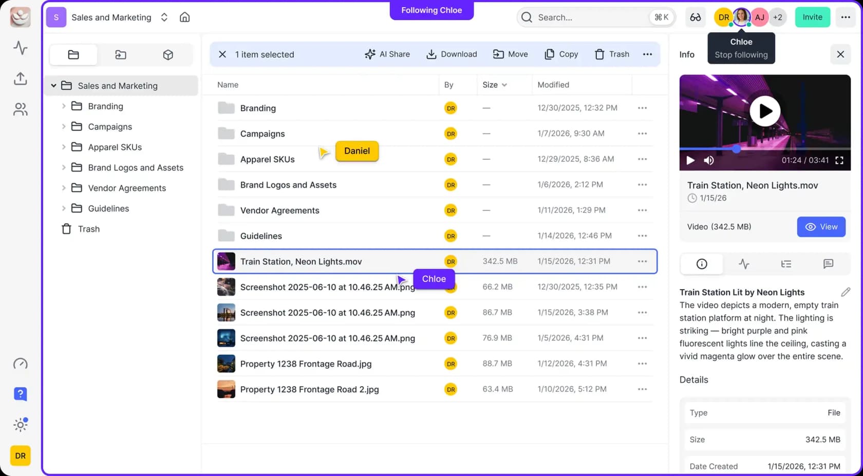 A Fast.io workspace showing folders, a video file preview and live collaborator cursors, as taken from Fast.io