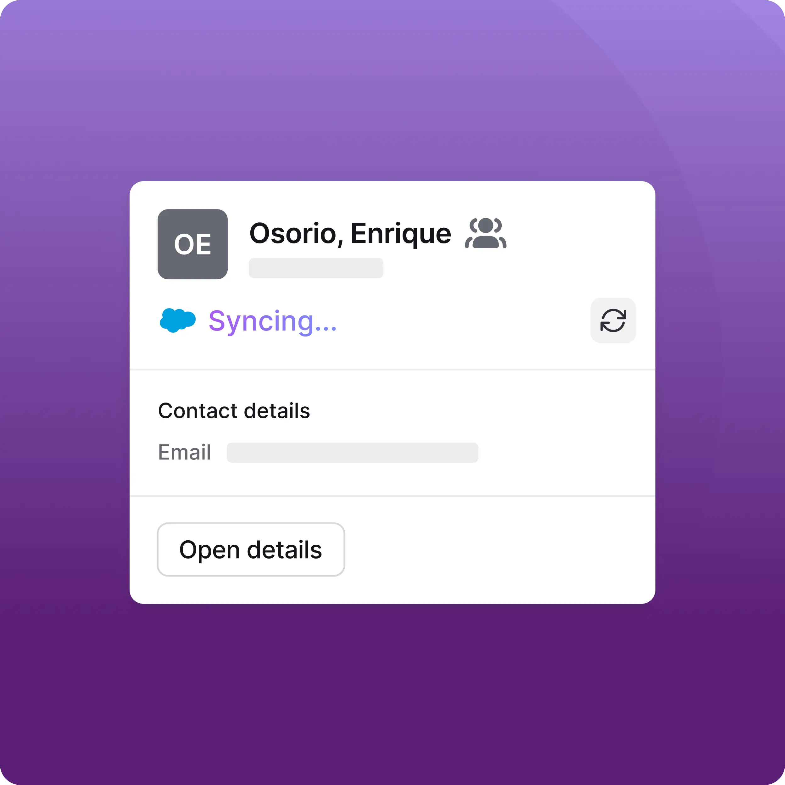 Front contact card syncing with Salesforce, showing contact details and an open-details action, as taken from Front