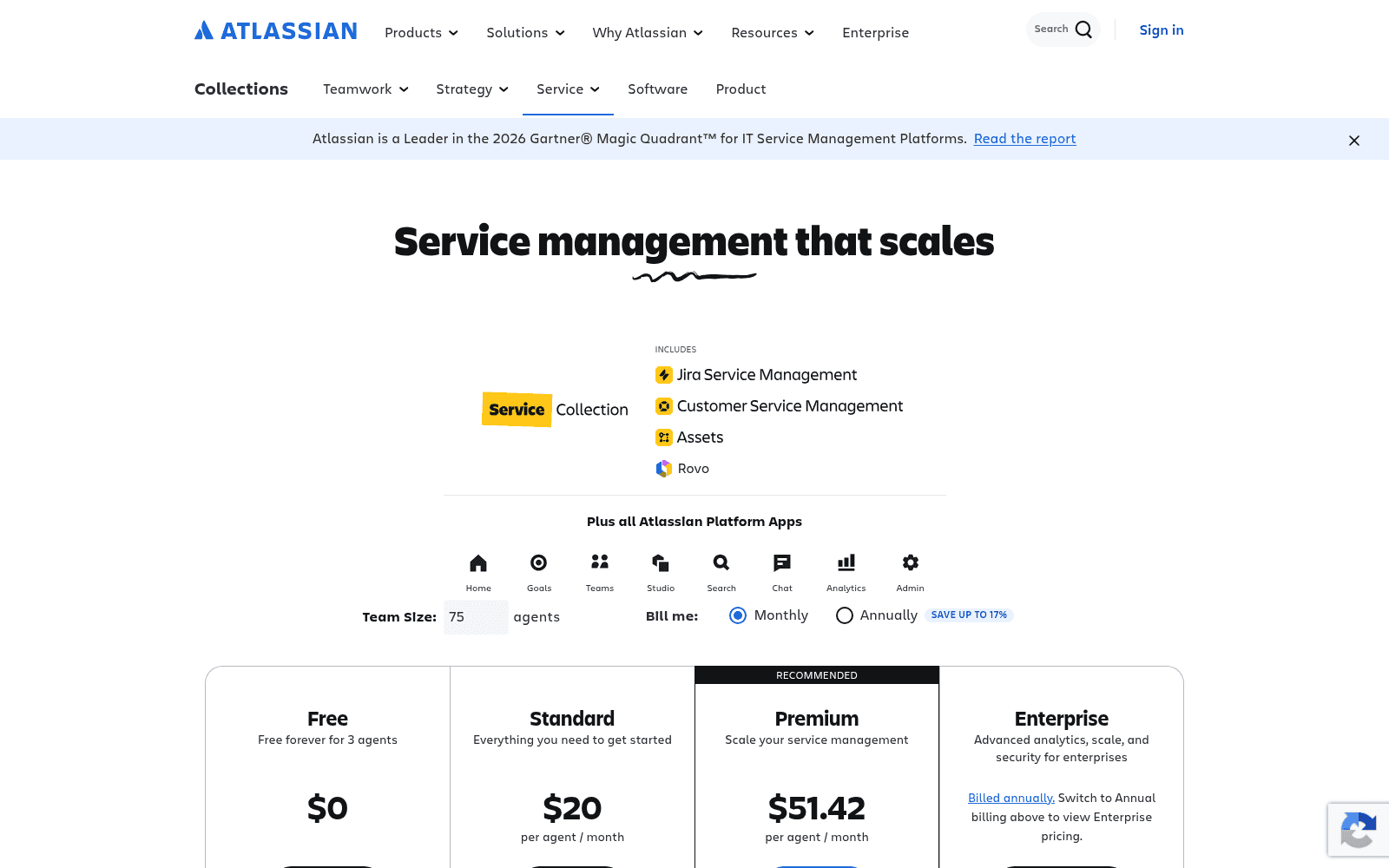 The Jira Service Management pricing page with the team size input set to 75 agents, as taken from Atlassian