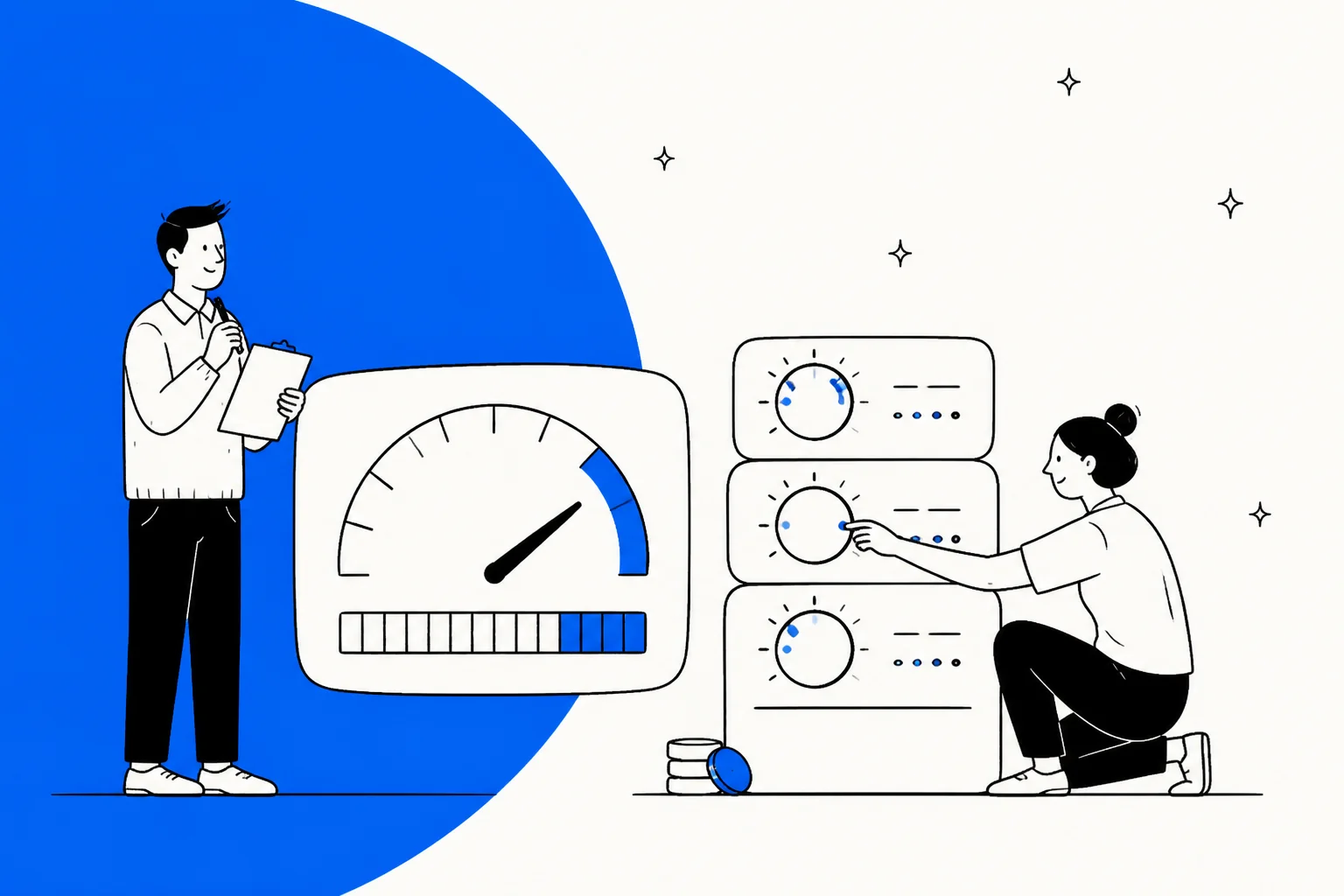 Two people reading a large usage meter and adjusting a stack of billing dials, in Meta's blue brand colour