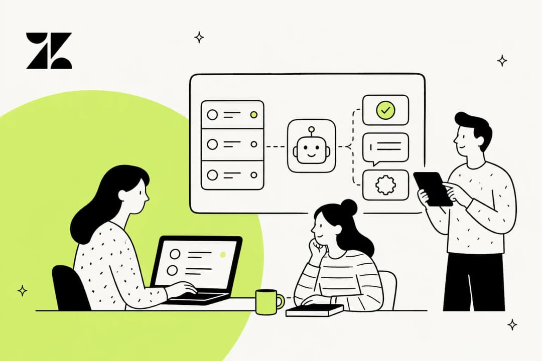 Illustration of a support team adding AI agents to a Zendesk queue