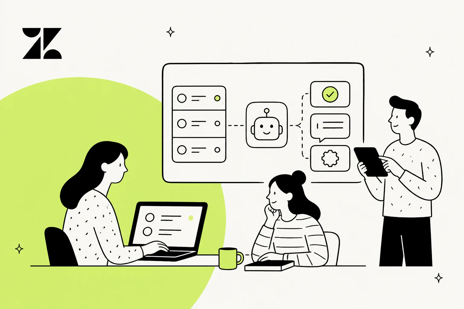 Illustration of a support team adding AI agents to a Zendesk queue