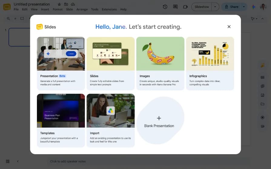 Gemini's side panel generating a fully editable deck inside Google Slides, as taken from Google.