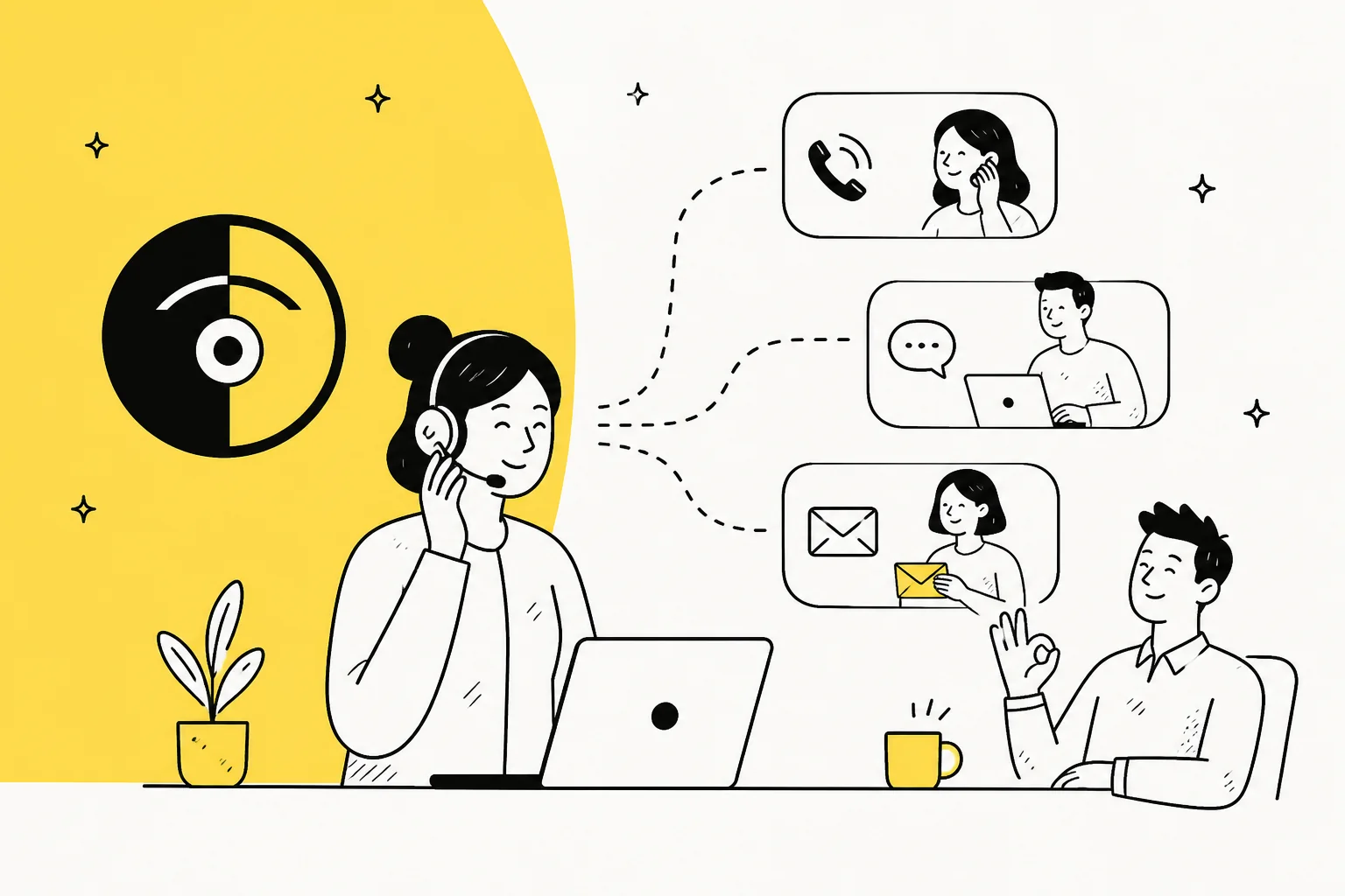 Illustration of a support agent handling phone, chat and email queues alongside the Twig logo mark