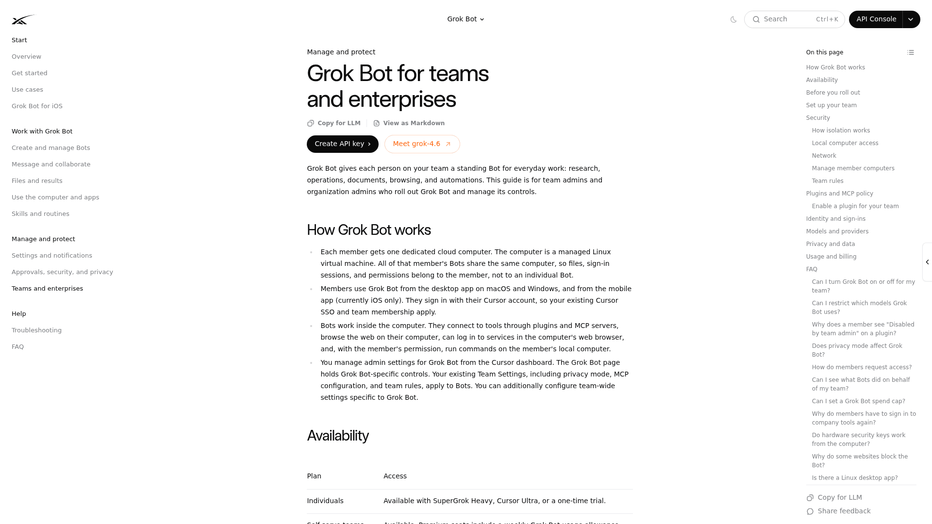 The Grok Bot teams and enterprises documentation, as taken from docs.x.ai