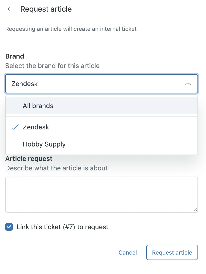 Zendesk Request article panel with brand selector, article request description and a checkbox to link the current ticket, as taken from Zendesk's help center