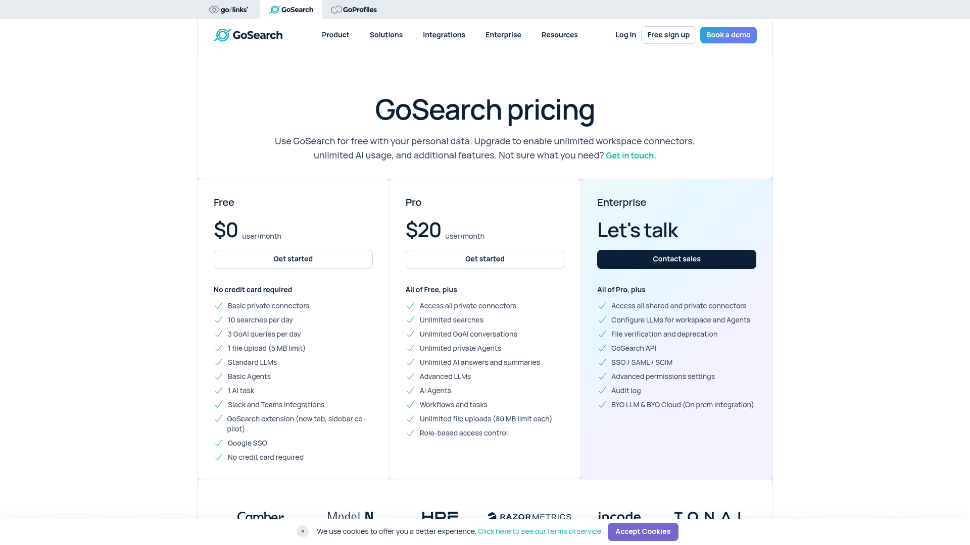 The GoSearch pricing page showing the Free, Pro and Enterprise tiers side by side, as taken from GoSearch
