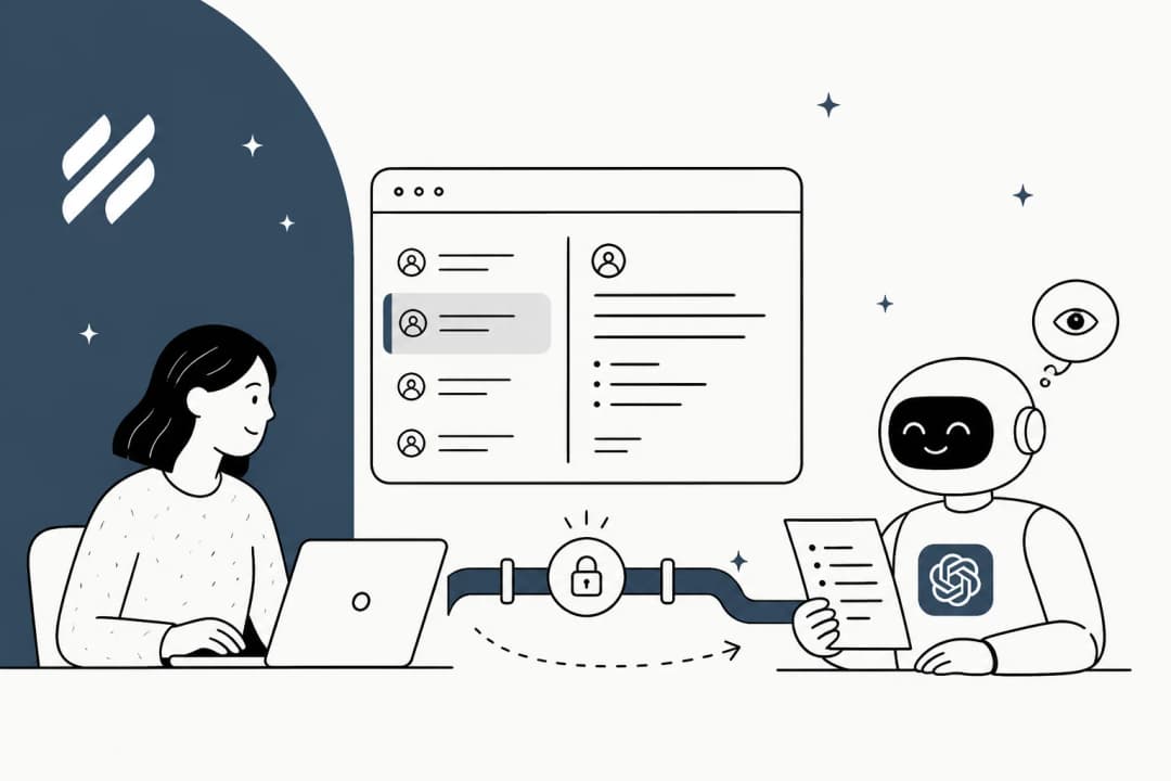 Illustration of a support agent at a Help Scout inbox connected to ChatGPT through a locked one-way pipe