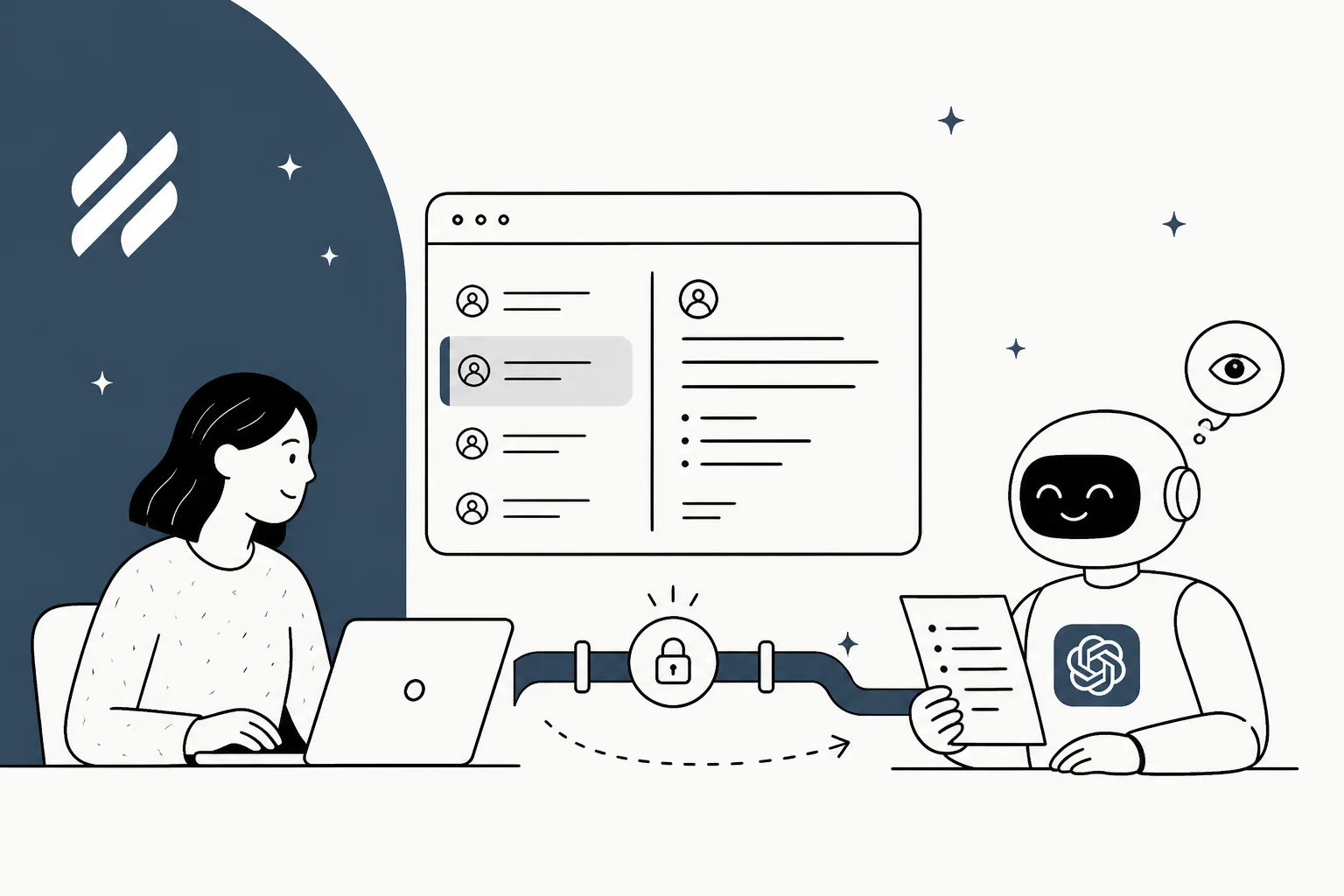 Illustration of a support agent at a Help Scout inbox connected to ChatGPT through a locked one-way pipe