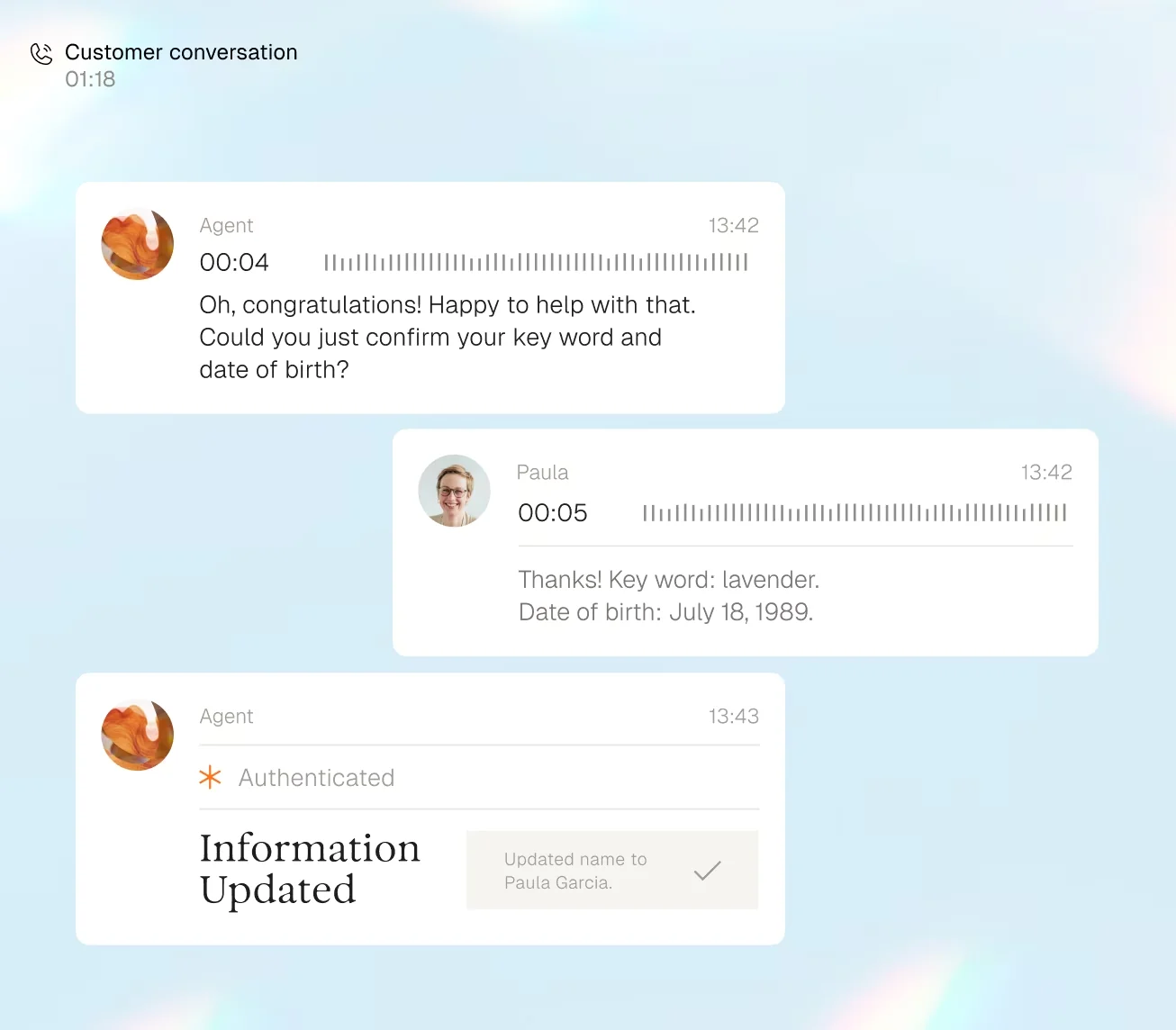 A Parloa customer conversation view at 1:18, where the agent asks for a key word and date of birth, the caller answers, and the agent marks the caller Authenticated and shows Information Updated, as taken from Parloa