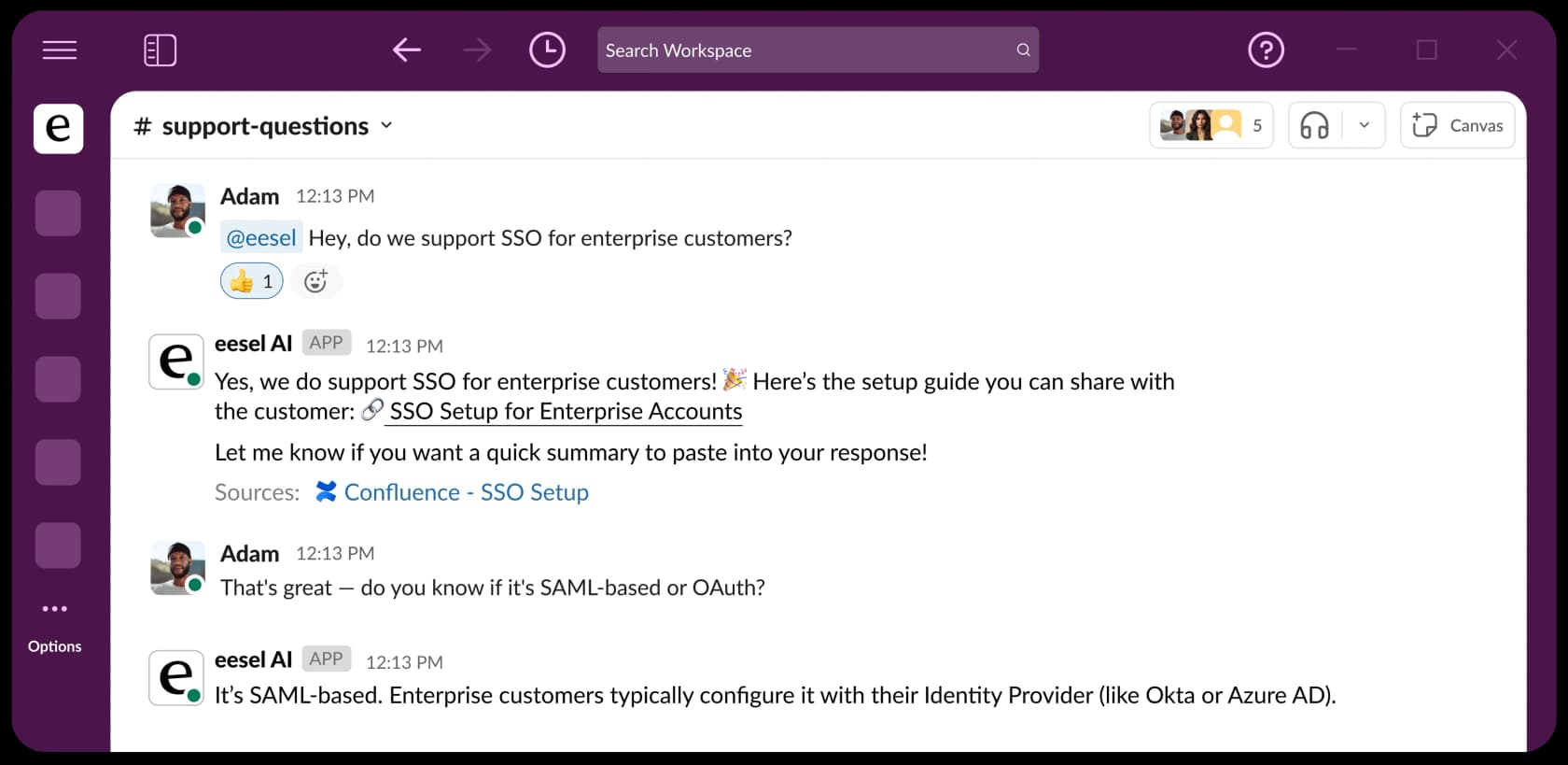 eesel answering an SSO question in a Slack channel, citing a Confluence page as the source and following up on whether it is SAML-based