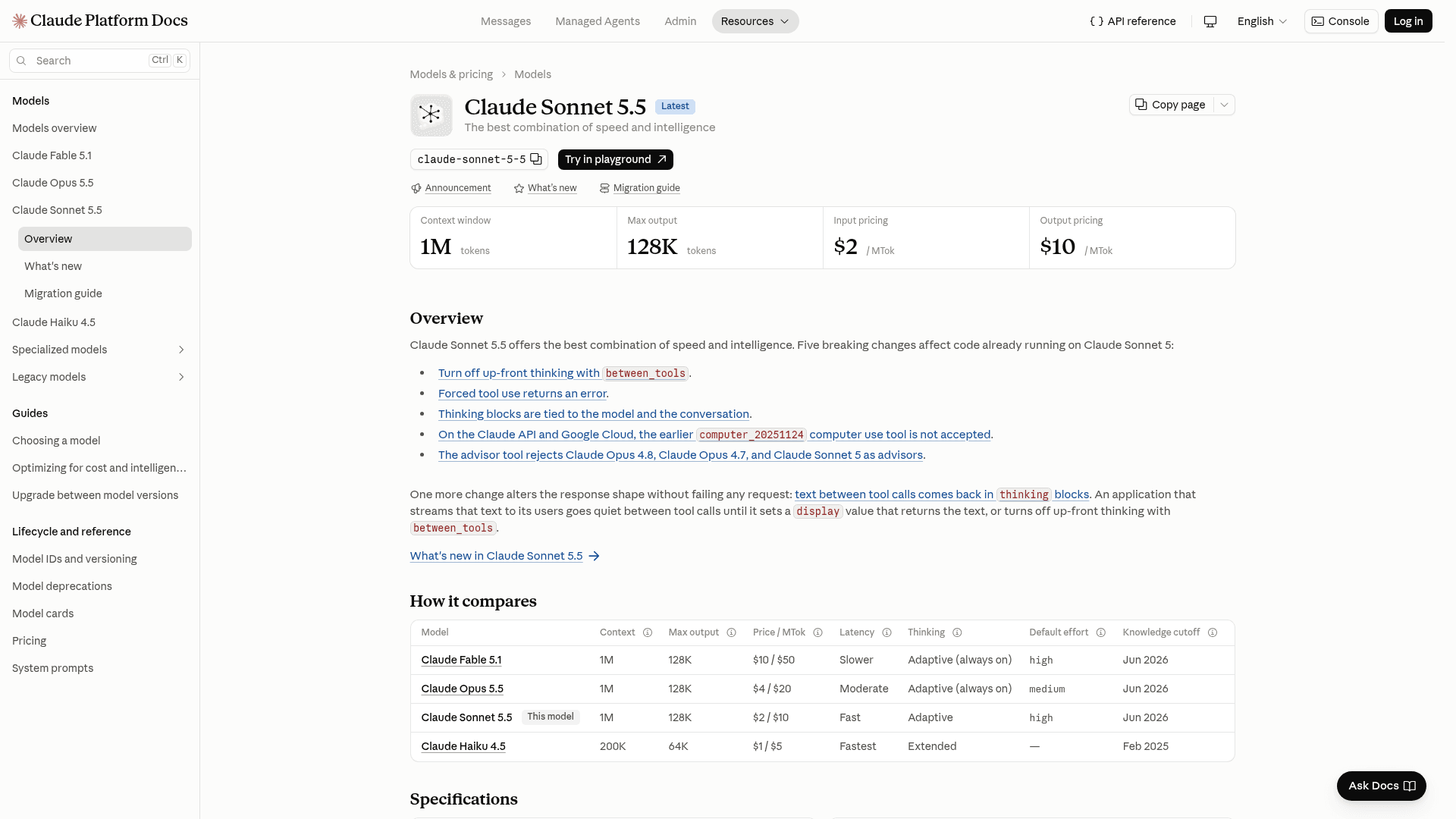 The Claude Platform docs page for Claude Sonnet 5.5, showing the 1M context window, 128K max output, $2 and $10 per million token pricing, and a comparison table against Fable 5.1, Opus 5.5 and Haiku 4.5, as taken from the Claude Platform docs